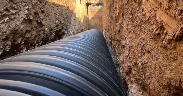 Zanja excavada con tubería corrugada de PEAD Tododren lista para acostillado